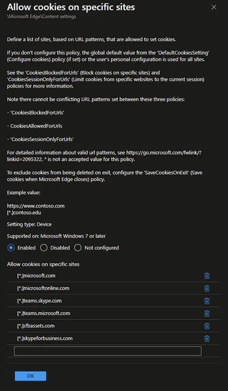 Microsoft Edge &lsquo;Allow cookies on specific sites&rsquo; policy