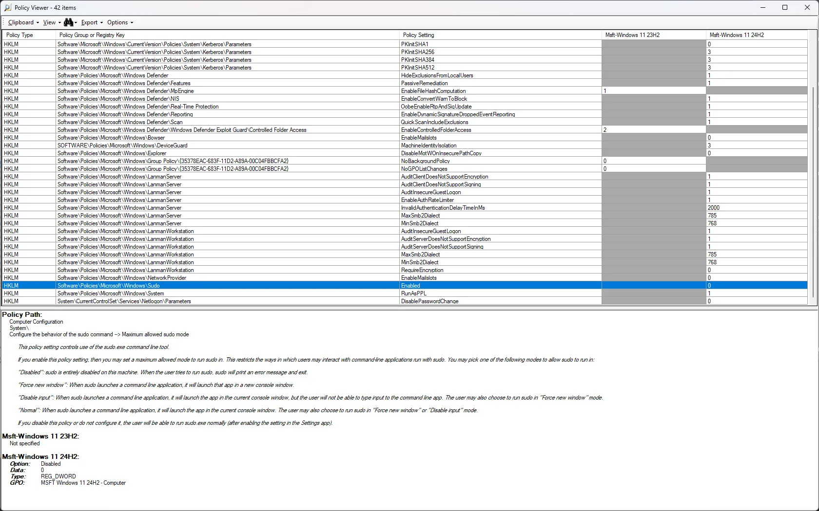 Policy Analyzer comparison Policy Analyzer comparing two versions of a security framework, showing which settings changed between releases.