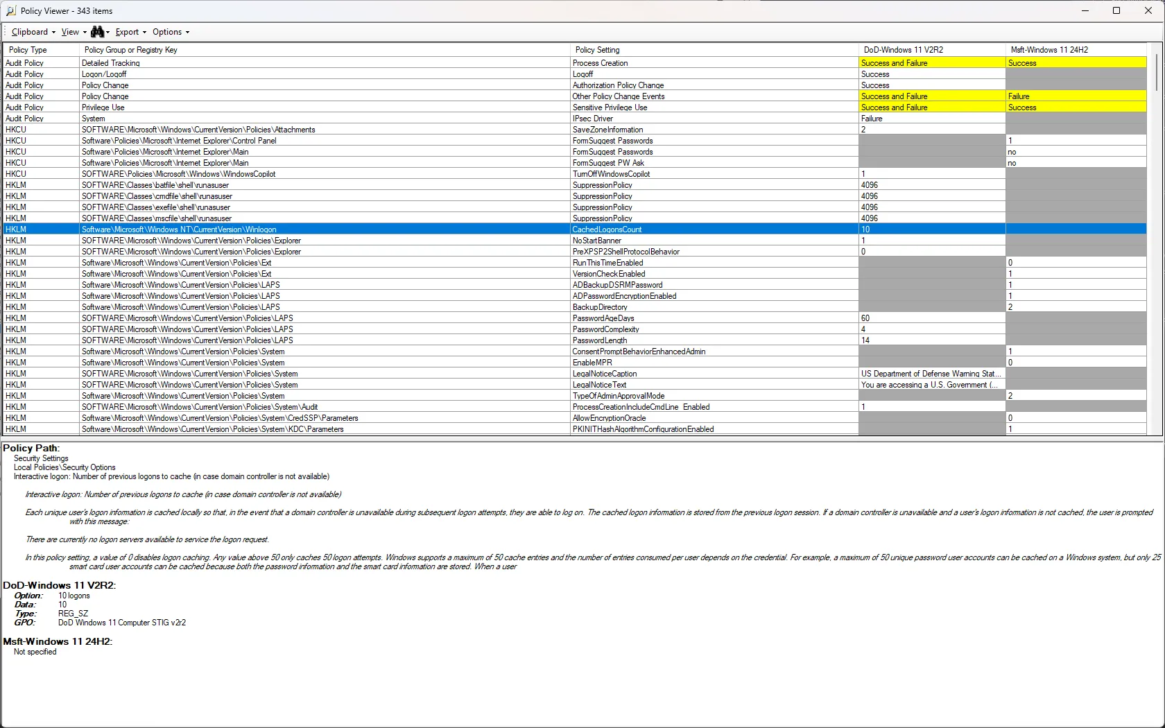 Policy Analyzer comparison Policy Analyzer comparing two security frameworks, showing which settings defined in each framework differ.