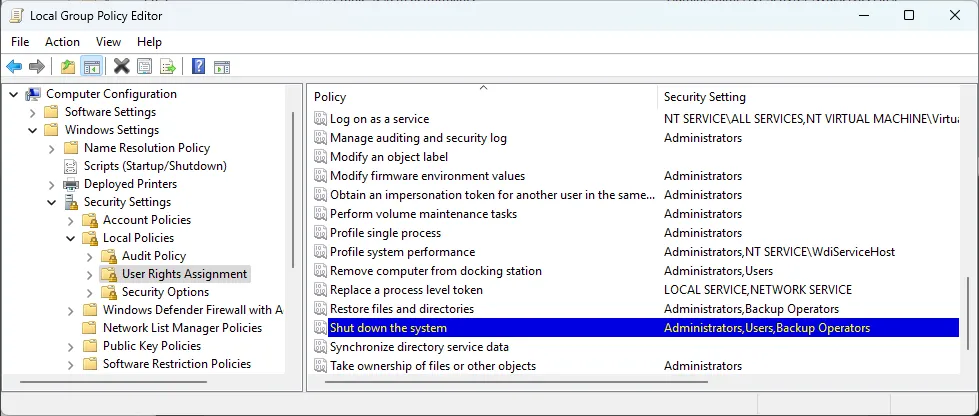 Default Windows Shut down the System configuration