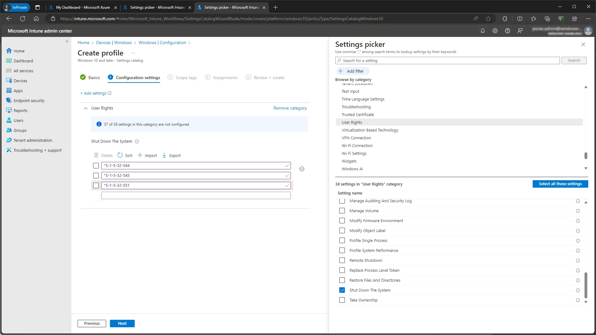 Configure the User Rights Assignment