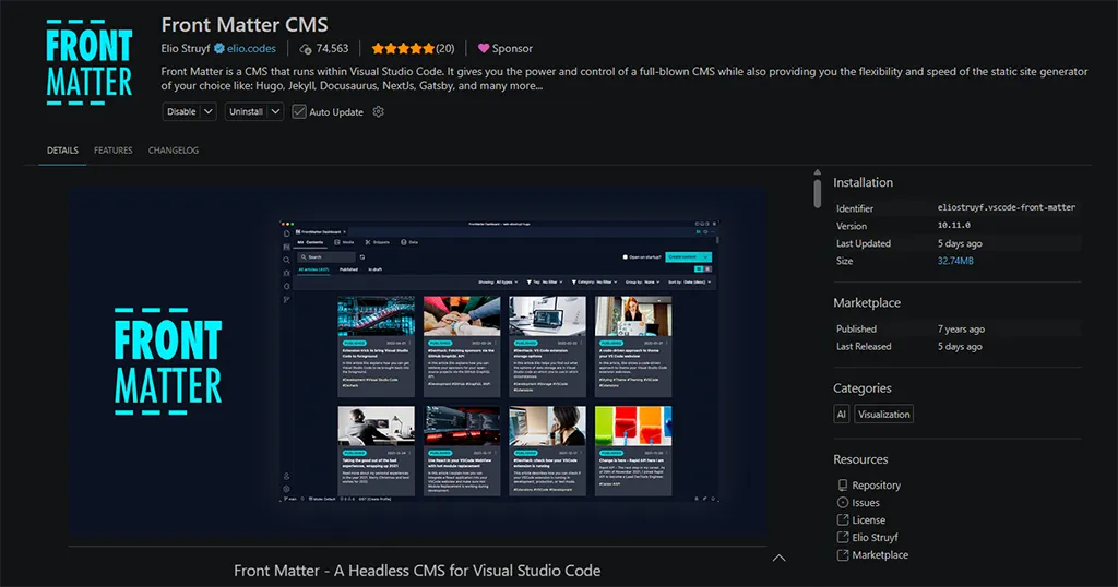 Frontmatter CMS extension Front Matter CMS extension for Visual Studio Code