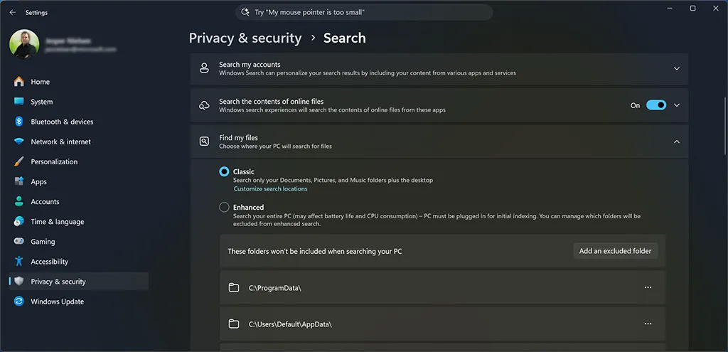 Search indexing settings in Windows 11 Settings > Privacy & security > Search showing the Classic and Enhanced indexing options