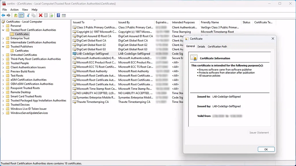 Verify the certificate was imported successfully in Trusted Root Certification Authorities