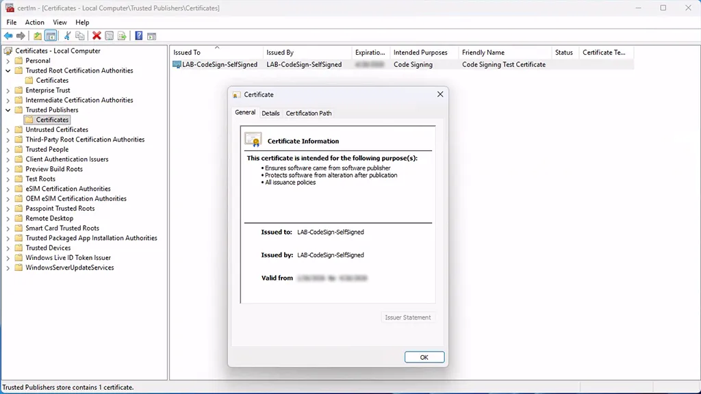 Verify the certificate was imported successfully in Trusted Publishers