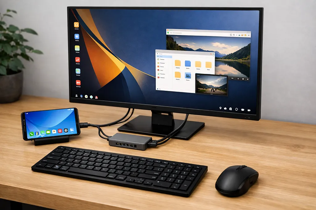 Samsung DEX Samsung DEX desktop mode on a Samsung phone connected to an external monitor (AI generated)