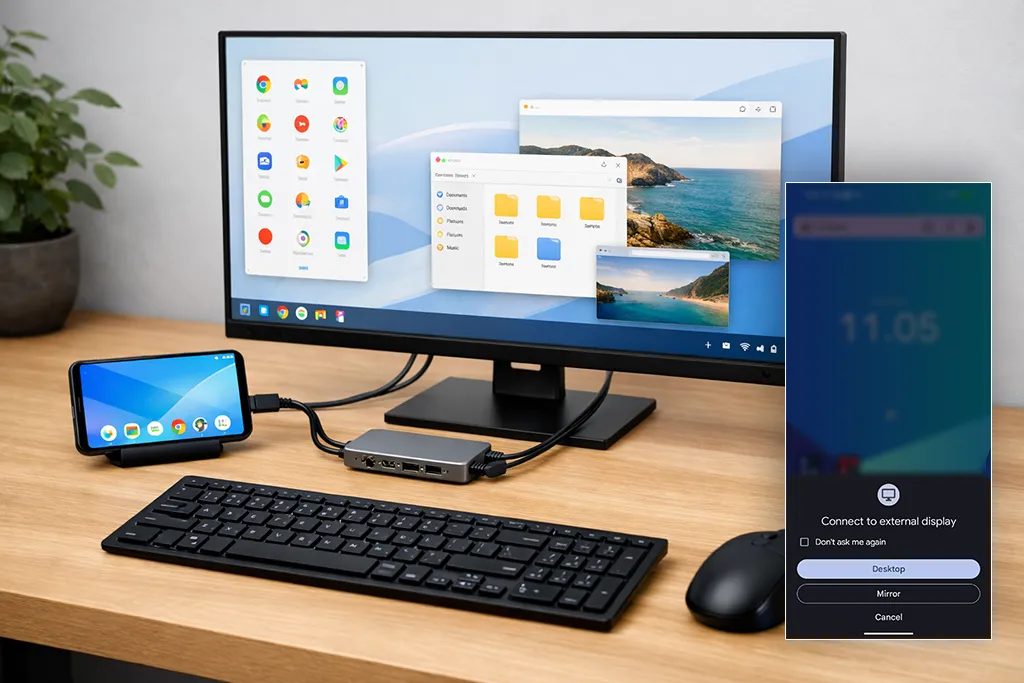 Google Pixel Desktop Mode Google desktop mode on a Google Pixel phone connected to an external monitor (AI generated)